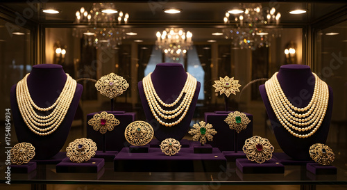 Elegant necklaces and brooches displayed in a luxurious jewelry store showcase