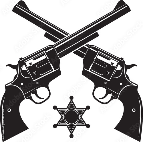 Crossed Revolvers and Sheriff Star Badge Western Law Enforcement Symbol.