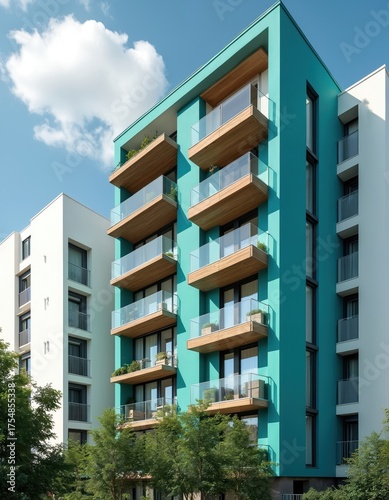 Modern apartment building features vibrant teal facade, natural wood balconies, glass railings. Another white residential block stands nearby. Green trees provide eco friendly touch. Sunny blue sky,