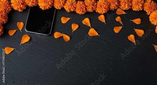 Celebrate Día de Muertos with a vibrant marigold border and modern phone, perfect for cultural events or modern Mexican holidays and traditions, ideal for backgrounds