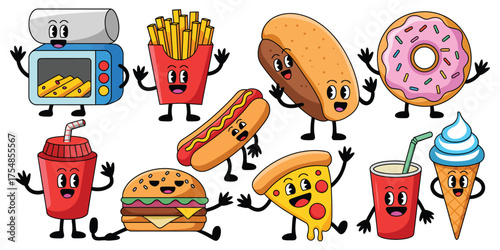 Fun and colorful cartoon illustration of anthropomorphic fast food items including burger, fries, pizza, and soda with expressive faces and exaggerated features for kids, restaurant, and marketing mat