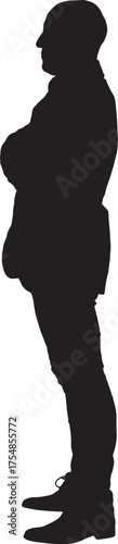 vector, silhouette of side view of a man standing dressed in shoes an blazer,arms crossed