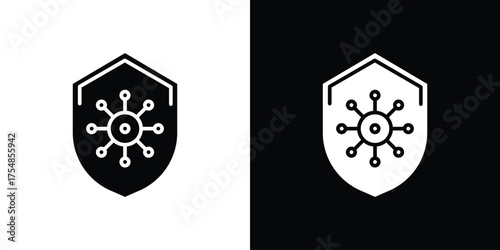 Virus protection shield icon. Black and white simple flat design icon