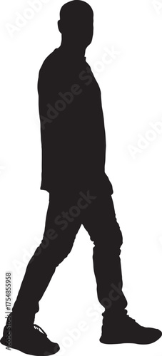vector, silhouette side view of a man walking and looking at camera