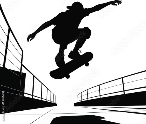 Dynamic skateboarder performing a trick in midair captured in a bold silhouette drawing