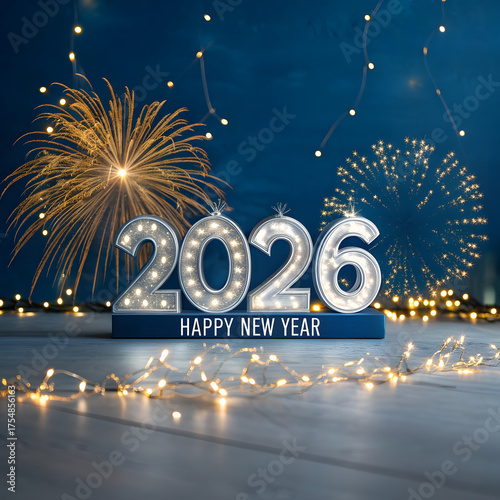 Happy New Year 2026 with Fireworks and String Lights Celebration Keywords: 2026, New Year, Happy New Year, celebration, fireworks, sparklers