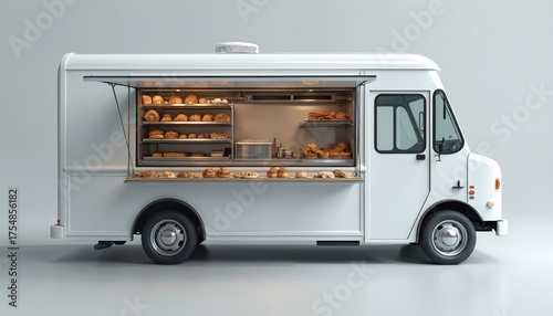 White food truck with open serving window displays bread, pastry. Bakery products exhibited at foodtruck. Mobile shop selling buns, snacks. Street food car at catering event. Small business startup.