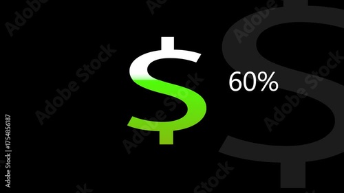 Finance design featuring green dollar sign and 60% text on black background, money statistics image. Dollar Sign with Green Gradient and 60 Percent Text on Black Background money finance.