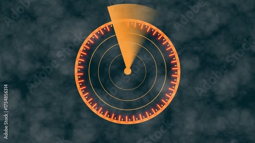 Orange Radar Display with Swirling Dark Background and Glowing Beam screen. Swirling dark background with glowing orange radar beam, futuristic screen and interface visual.