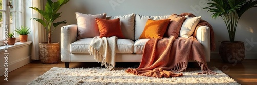 Warm & Cozy Living Room with Plush Sofa, Wool Throw Blankets, and Natural Light Streaming Through Window