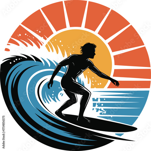 Silhouette of a surfer riding a vibrant sunset wave