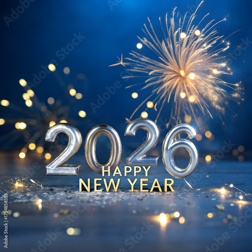 Happy New Year 2026 with Golden Text and Fireworks Display Keywords: 2026, New Year, Happy New Year, celebration, fireworks, golden text, festive