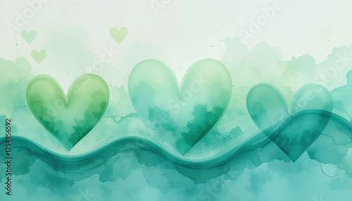 soft green watercolor hearts flowing in a wave pattern against a serene background