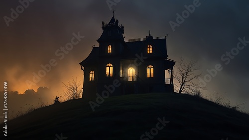 Abstract Haunted House Silhouette with Glowing Windows and Spooky Hilltop Mist