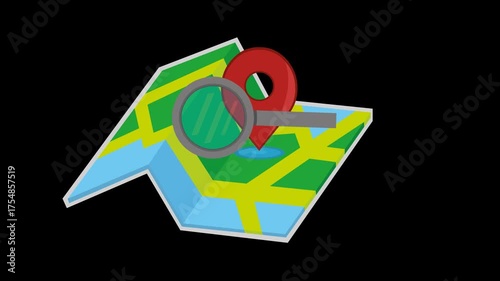 video animation map, gps icon and magnifying glass in searching street address place direction concept icon, on a transparent background with alpha channel set to zero