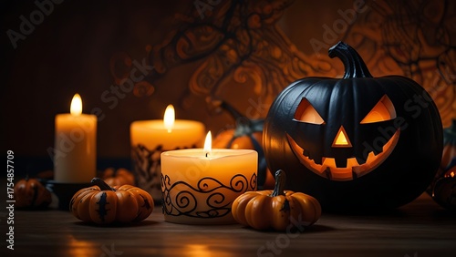 Elegant Halloween Art Display with Illuminated Candles and Seasonal Ornaments