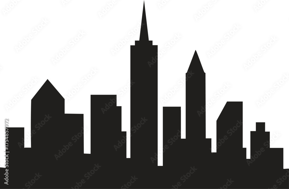 Obraz premium Cityscape silhouette, skyline vector illustration, urban landscape, buildings and towers, modern city horizon, isolated black shape, architecture, metropolitan scene