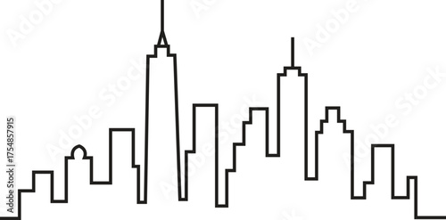 Single line cityscape outline, continuous line drawing of urban skyline, modern architecture vector, minimalist city horizon, buildings and towers, linear city illustration