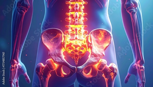 A detailed 3D illustration of a human torso highlighting the skeletal structure, with the spine and hip area illuminated in fiery hues