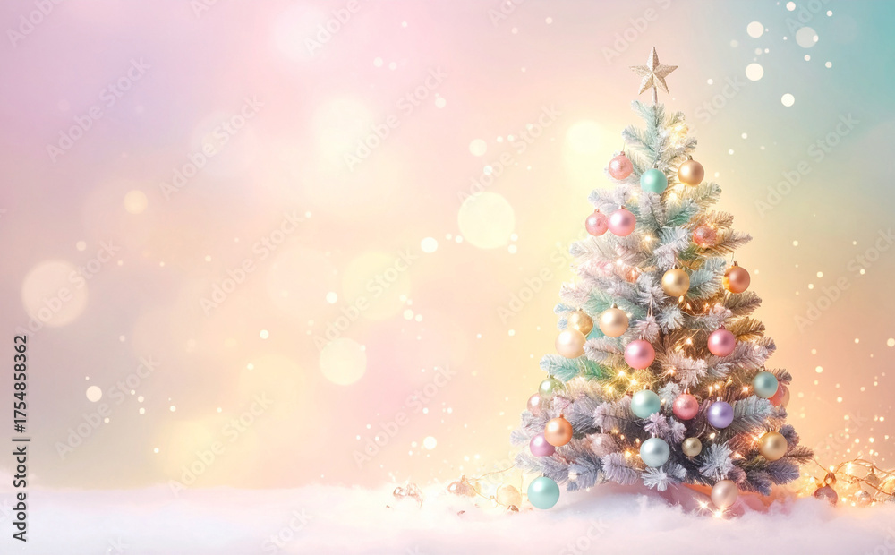 Obraz premium パステルカラーの可愛らしいクリスマスツリーと光の背景