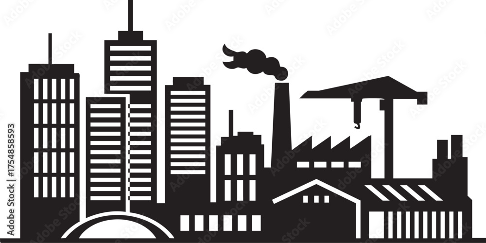 Obraz premium Industrial area silhouette, factory and manufacturing vector, plant and warehouse illustration, isolated black shape, industrial buildings, machinery, production site icon