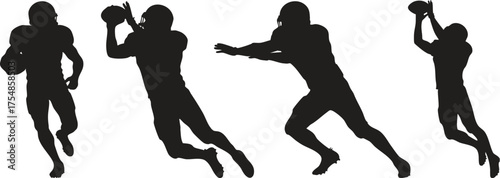 Set of American football player silhouettes in various action poses, vector illustration, isolated black shapes, sports and athletic concept, football game, player icons