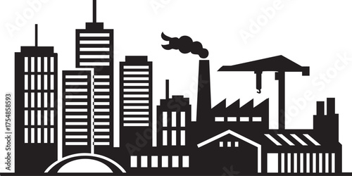 Industrial area silhouette, factory and manufacturing vector, plant and warehouse illustration, isolated black shape, industrial buildings, machinery, production site icon