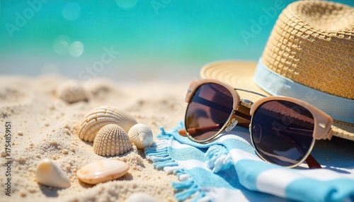 Sunglasses Resting on Beach Towel Near Seashells and Sun Hat Summer Vacation Ready