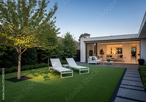 Relaxing evening in a contemporary backyard featuring pristine lawn, sleek lounge chairs, and a bright, inviting home with large windows and open spaces.