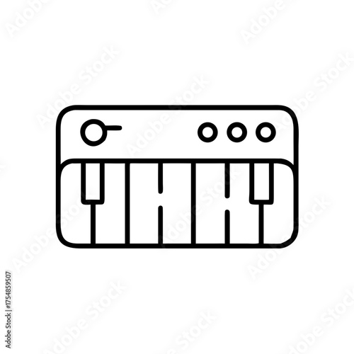 Line art of a keyboard instrument with piano keys and buttons  