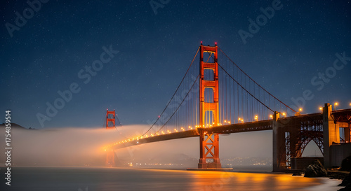 Iconic golden gate bridge at twilight illuminated with warm lights reflecting on calm water