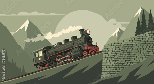 Vintage steam locomotive traversing mountainous landscape on a steep incline
