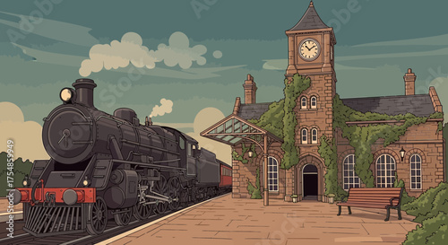 Vintage steam train arriving at a classic British railway station