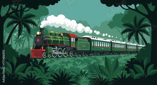 Vintage steam train cruising through lush tropical jungle vegetation