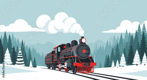 Vintage steam train journey across winter wonderland landscape scenery