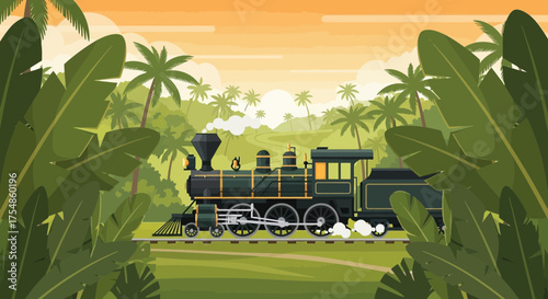 Vintage steam train journey through a lush tropical landscape scenery