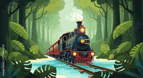 Vintage steam train journey through tropical landscape vector design
