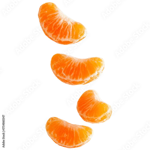 Four fresh peeled mandarin orange segments suspended in mid-air