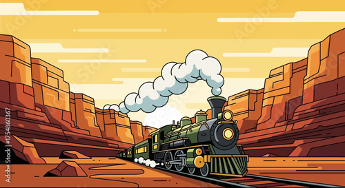 Vintage Steam Train Journeying Through a Desert Canyon Landscape
