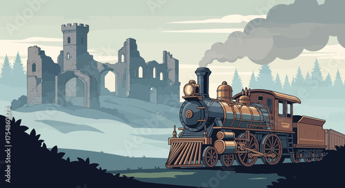 Vintage Steam Train Journey with Ancient Castle Ruins in the Landscape