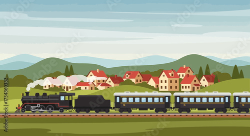 Vintage Steam Train Journeying Through a Picturesque Rural Landscape