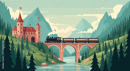 Vintage steam train traveling through picturesque landscape with castle