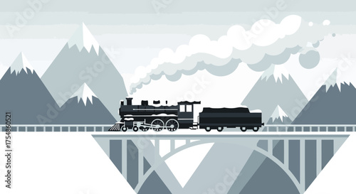 Vintage steam train traversing a bridge amidst a serene mountain landscape