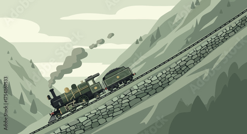 Vintage steam train traverses a steep mountain track illustration