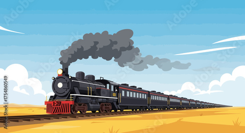Vintage steam train traversing a golden landscape under a clear sky