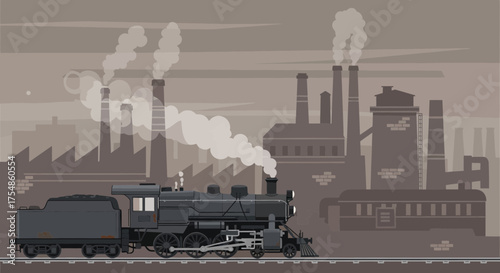 Vintage steam train with industrial backdrop showcases historical travel