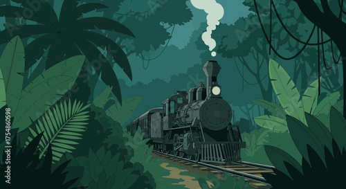 Vintage train adventure amidst lush tropical jungle landscape illustration