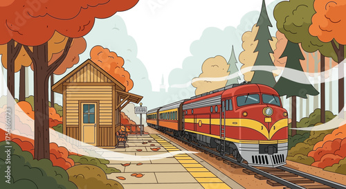 Vintage train arriving at the station in a colorful autumn scenery
