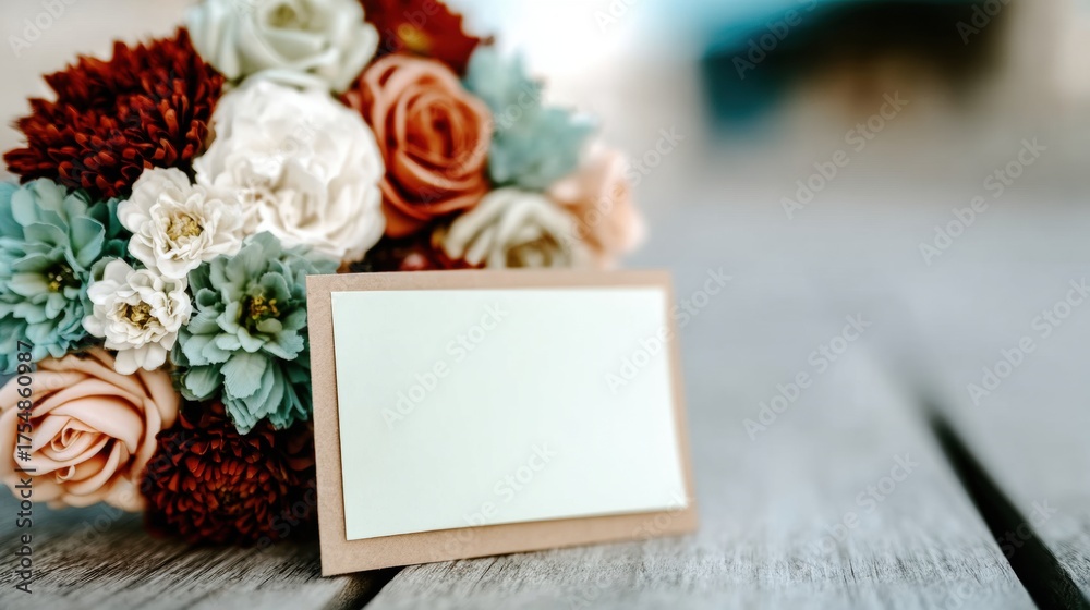 Obraz premium Beautiful floral arrangement with a blank card placed on wooden surface