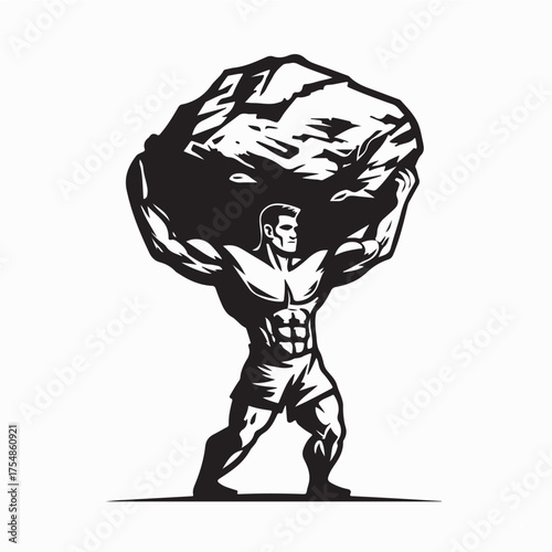 Athletic Man with Muscles Lifting Heavy Rock Vector on white background